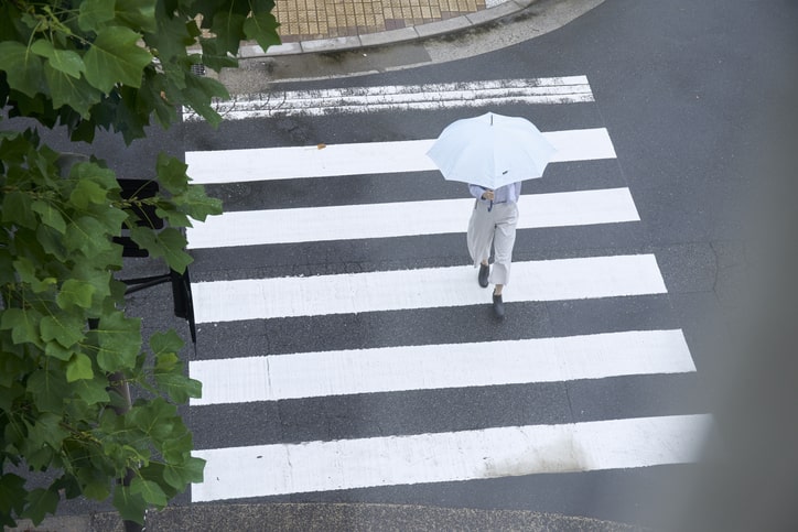 傘を刺した女性が横断歩道を渡っている様子